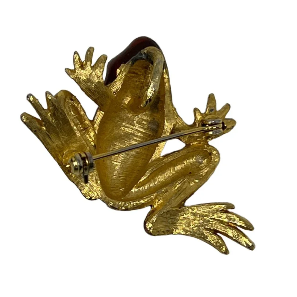 Frog Brooch Brown Enamel Pendant Green Yellow‎ Spots Gold Tone
